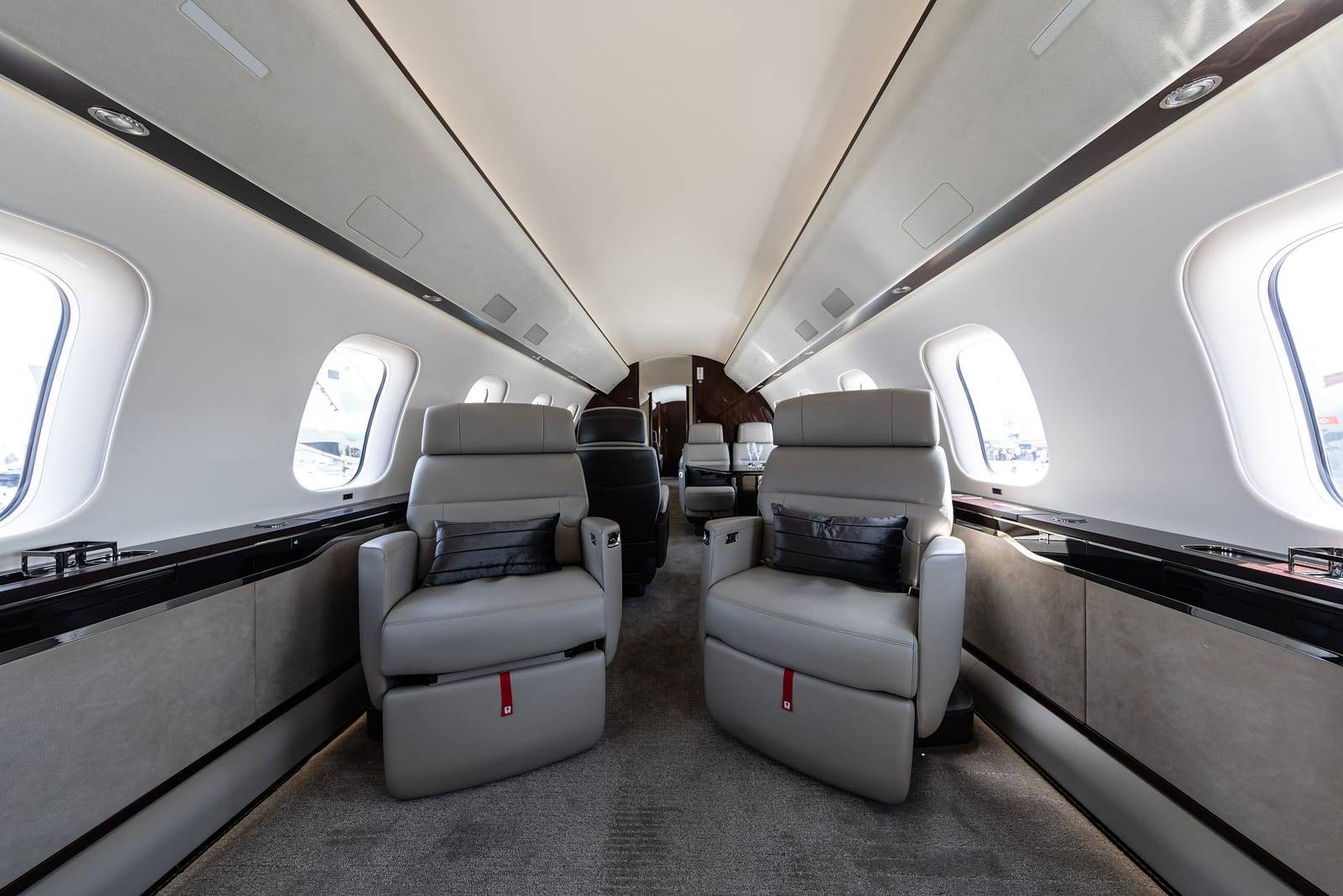 The forward cabin of a Bombardier Global 7500 seen from the aisle