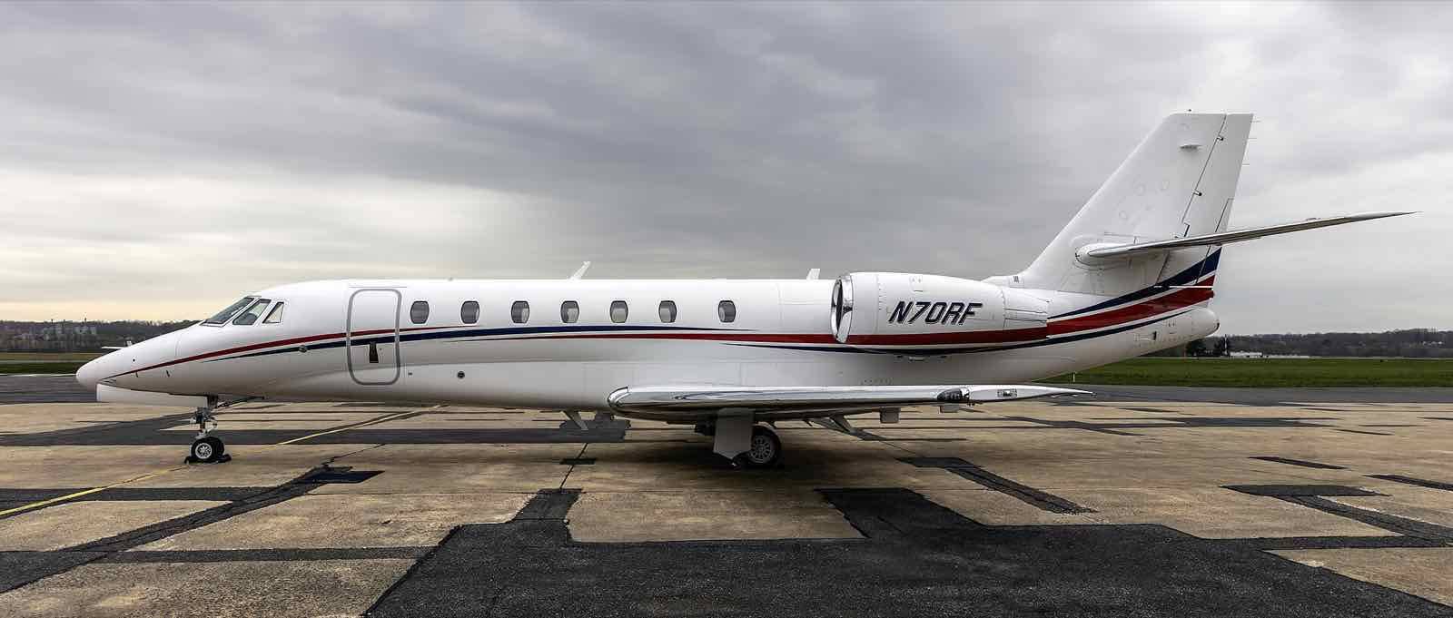 Dassault Falcon 7X N73KT at Frederick Municipal Airport, Maryland, in the late afternoon