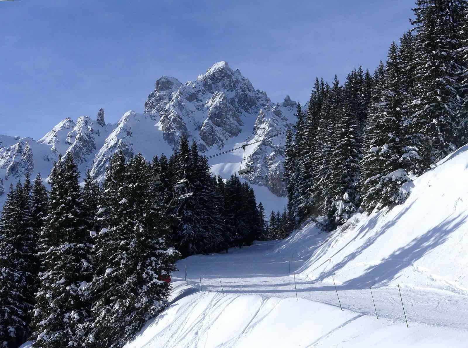 Sight of Loze Est ski slope and Coqs chairlift (closed), in Courchevel resort, Savoie, France